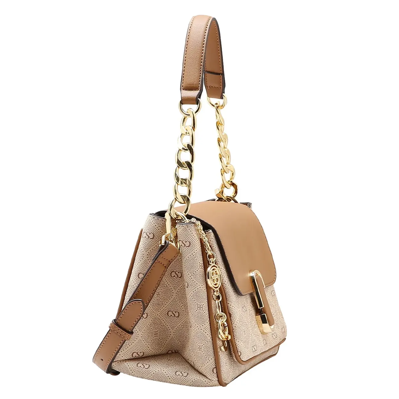 Bolsa feminina Chenson shoulder bag monograma bege vista lateral mostrando alça de corrente dourada